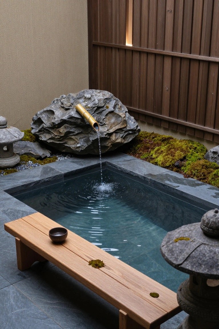 Small rectangular dark pool in a stone-paved Japanese-style courtyard garden with bamboo water spout from large rock, stone lanterns, moss groundcover, pebbles, and wooden bench with ceramic bowl.