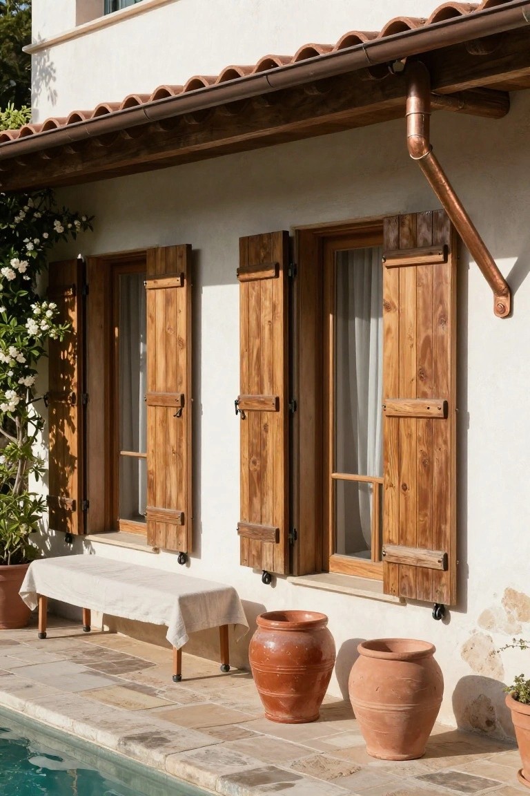 White stucco exterior wall of a house with open wooden shutters beside an infinity-edge pool, featuring a covered bench on a stone terrace, terracotta pots, and climbing white roses.