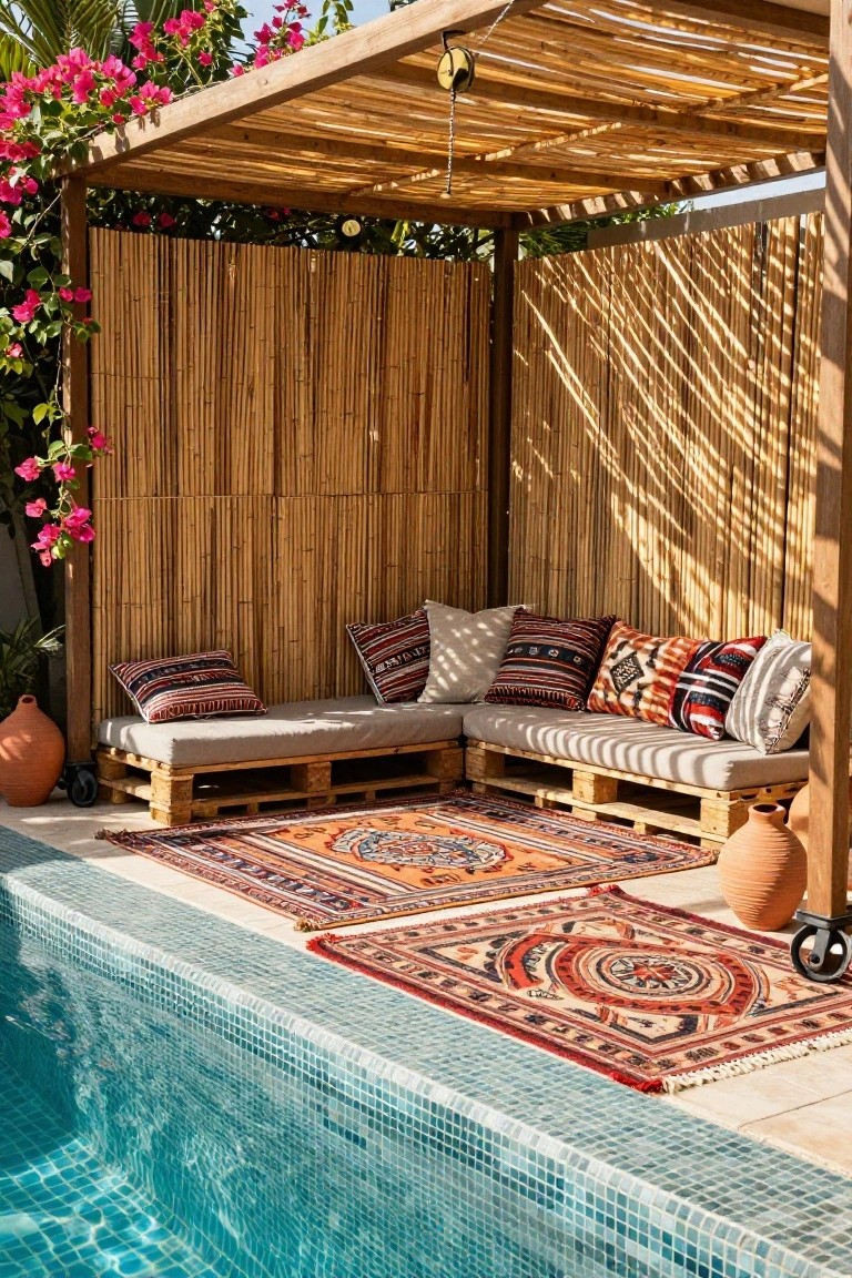 Poolside lounge area featuring a wooden pergola with bamboo screen walls, L-shaped pallet seating with cushions and pillows, patterned rugs, terracotta pots, and the pool edge in the foreground.
