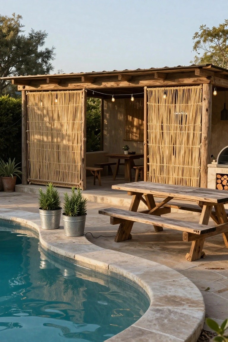 Wooden pergola with sliding bamboo screens next to a curved turquoise pool on stone tiles, picnic tables, metal bucket planters with greenery, and a stone barbecue nearby.