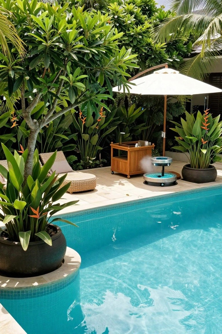 Tropical poolside deck with lush green plants, bird of paradise flowers, a white cantilever umbrella over lounge chairs, wooden bar cart, and turquoise pool water.