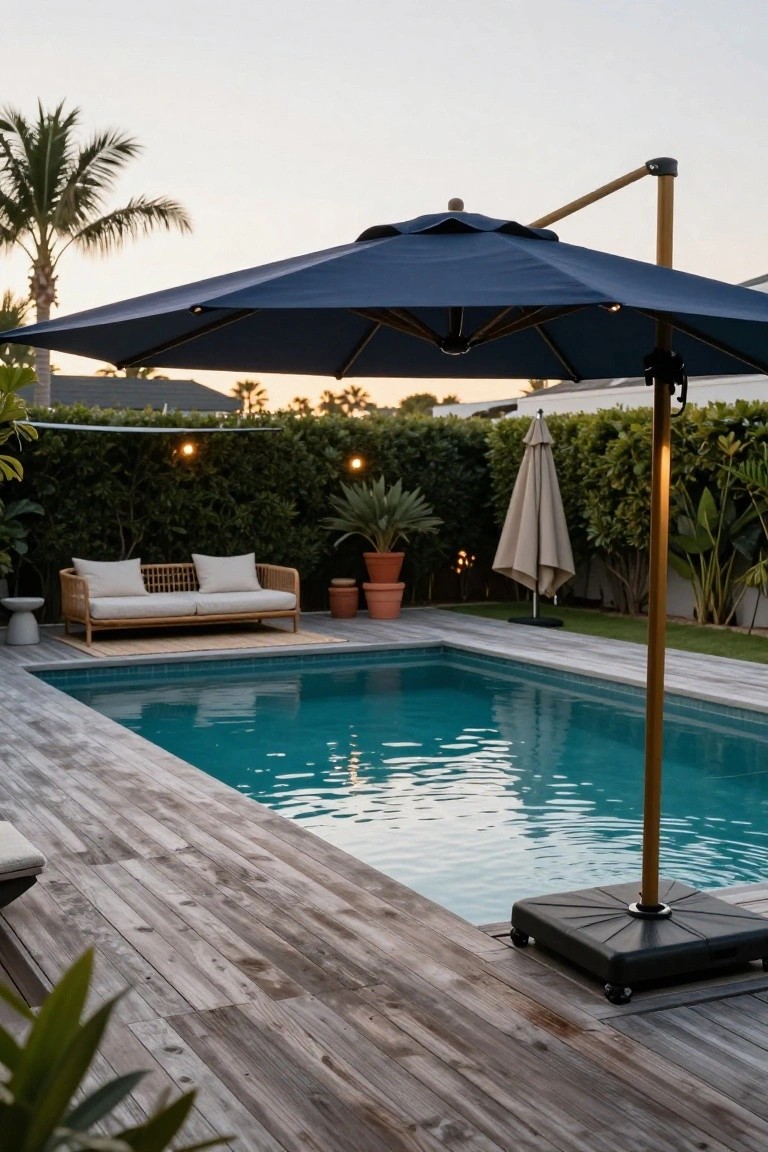 Turquoise rectangular pool with gray wood decking, large blue cantilever umbrella extended over the pool edge, beige freestanding umbrella nearby, rattan sofa with cushions, potted plants, and hedge fence in the background at dusk.