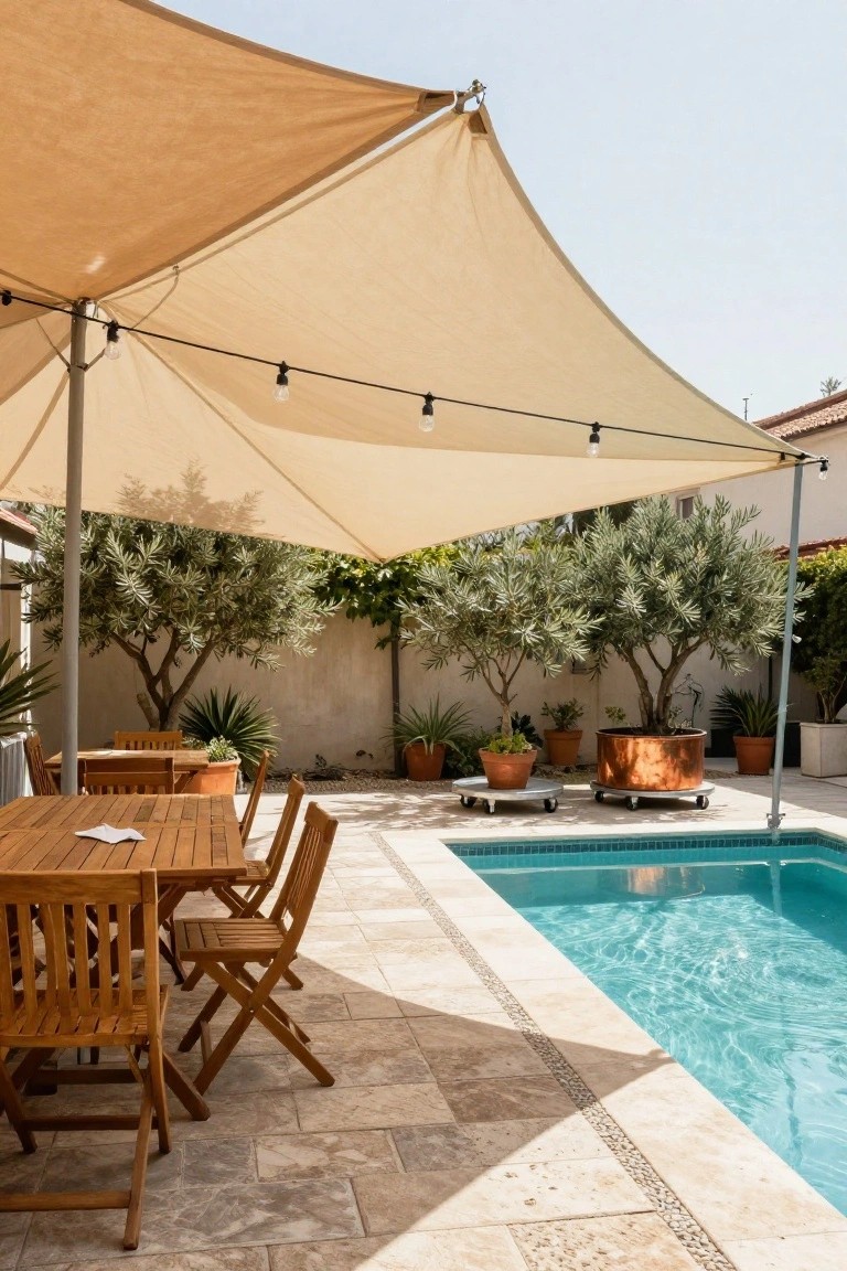 Beige triangular cantilevered shade sail on a metal pole over a wooden dining table and chairs on a tiled patio next to a turquoise pool, with olive trees, potted plants, and string lights visible.