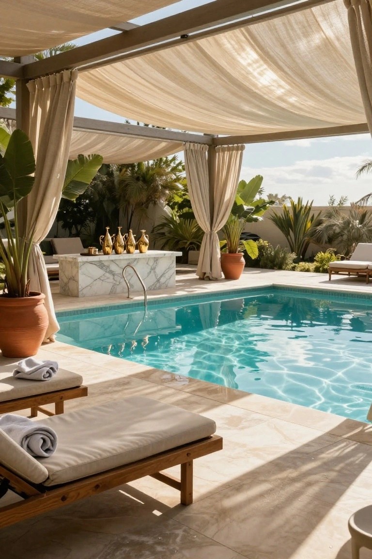Pool area with overhead beige draped fabric canopy, side curtains on poles, turquoise pool, marble bar with gold vases, potted plants, and beige towels on wooden loungers on light stone decking.