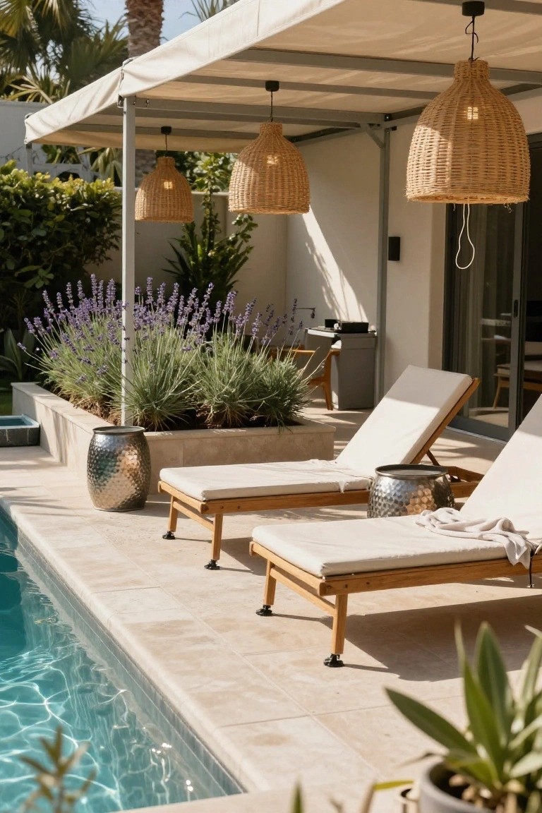 Poolside area with two beige cushioned loungers under a beige fabric canopy on a metal pergola structure, flanked by lavender plants, hammered metal pots, wicker pendant lights, and a turquoise pool.