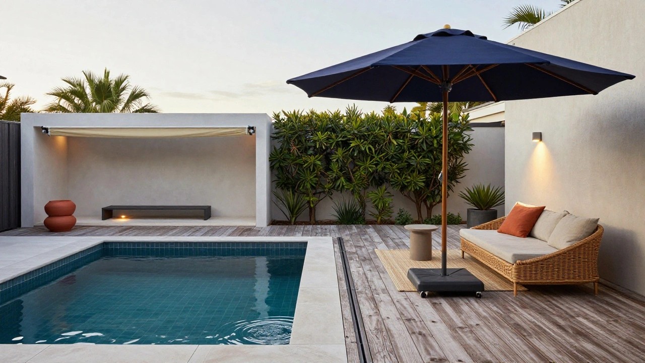 Turquoise rectangular pool with gray wood decking, large blue cantilever umbrella extended over the pool edge, beige freestanding umbrella nearby, rattan sofa with cushions, potted plants, and hedge fence in the background at dusk.
