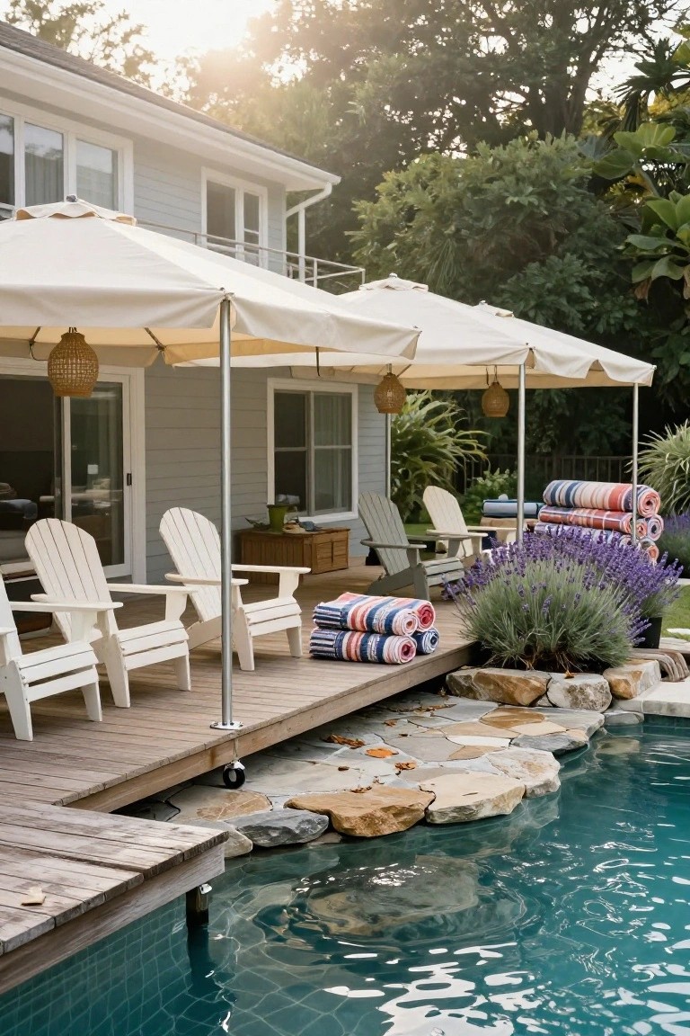 Wooden deck with white Adirondack chairs under several tall white umbrellas, stacks of striped towels nearby, lavender plants, and a turquoise pool with rock edging.