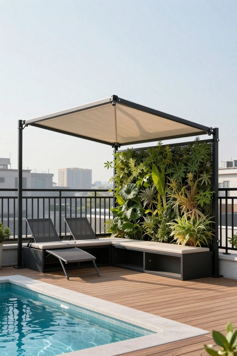 Rooftop terrace with a small turquoise pool, two black mesh loungers under a beige fabric shade canopy on black metal cantilever frame, green plant wall, wooden decking, bench, and cityscape background.