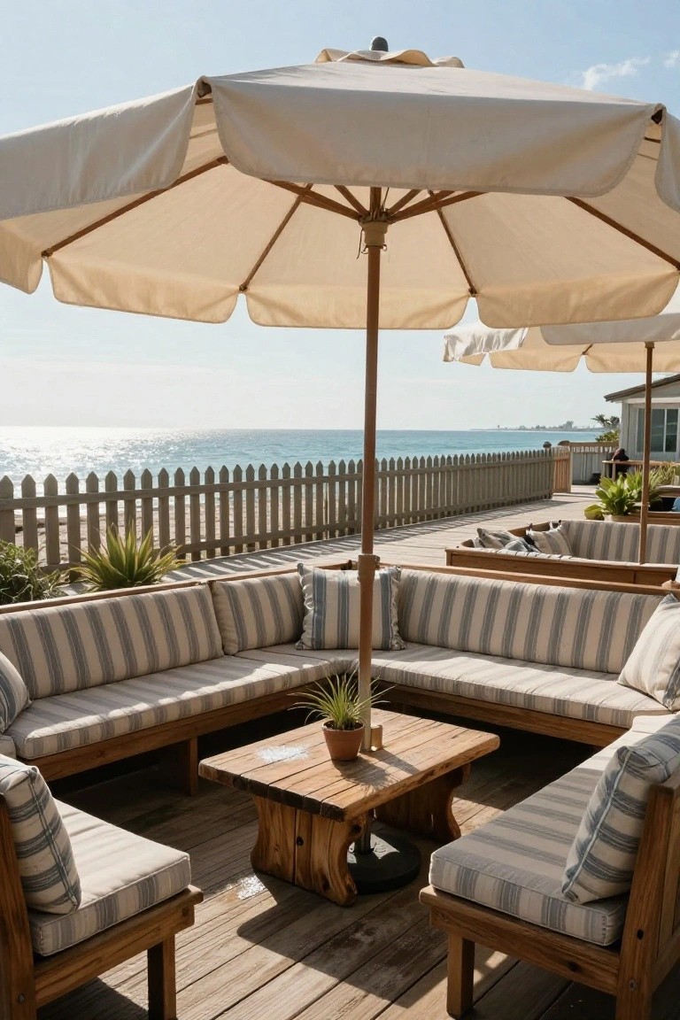 Wooden deck with L-shaped outdoor sofas in striped cushions around a low wooden table, shaded by large beige market umbrellas, white picket fence and ocean in background.
