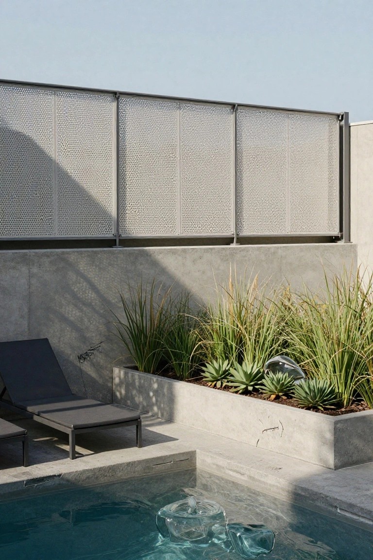 Rooftop pool deck with blue water containing floating glass orbs, two black loungers, concrete planters with agave and tall grasses, and tall perforated metal privacy screens against a concrete wall and railing.