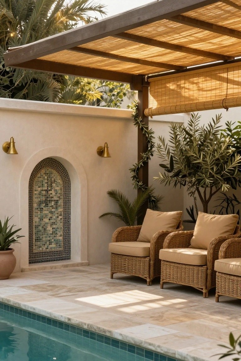 Beige rattan armchairs under a wooden pergola with reed matting roof and rolled-up bamboo blinds, next to a turquoise pool edged in beige tiles, with plants and a mosaic-tiled arched niche on a white stucco wall.