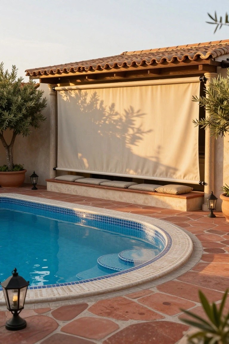 Beige roll-down fabric blind extended over a cushioned bench beside a curved blue mosaic-tiled pool, with terracotta pavers, olive trees, and black metal lanterns.