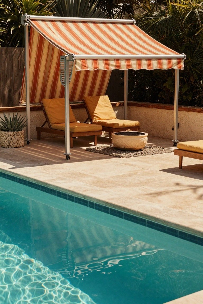 Poolside area with orange-and-white striped retractable awning over two yellow lounge chairs on a tiled deck, stone fire pit in center, potted agave plant, and turquoise pool edged in travertine tiles.