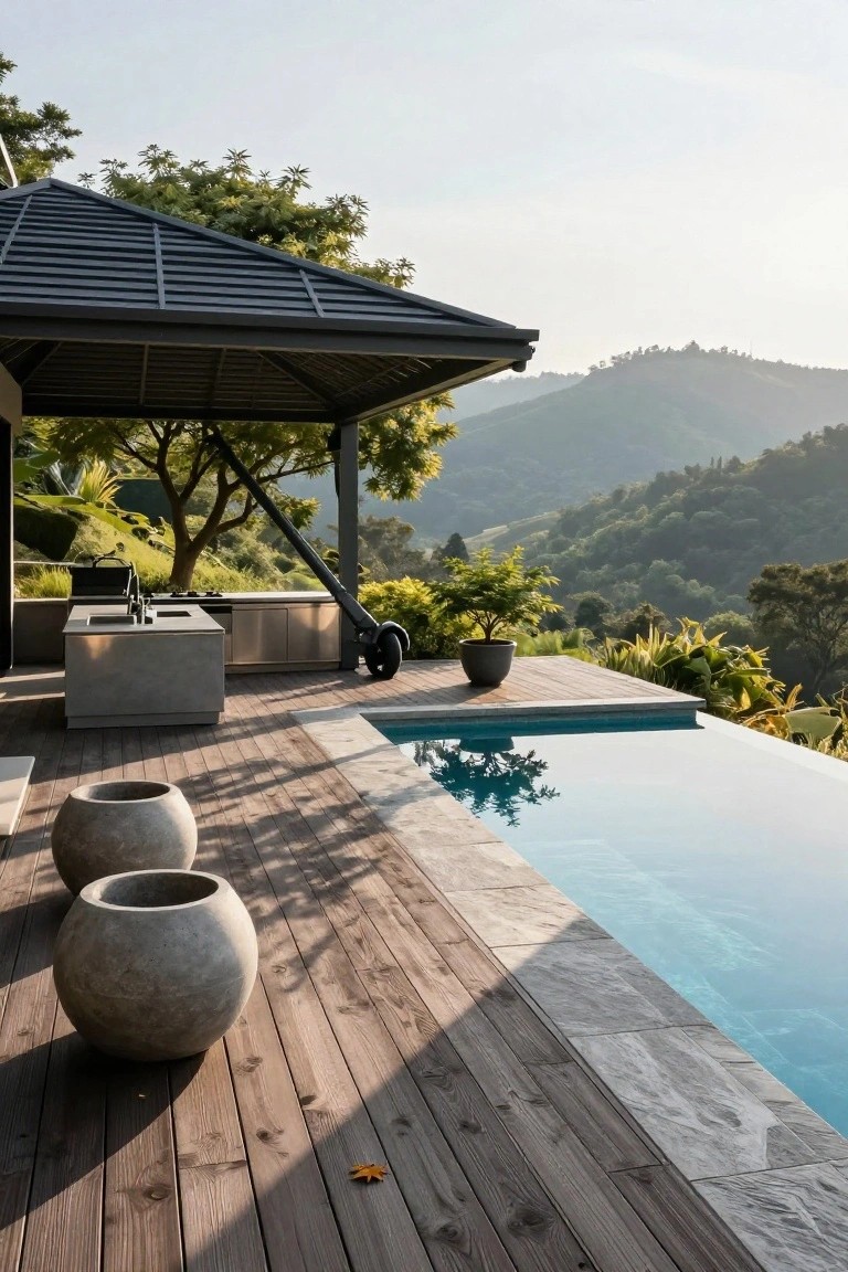 Wooden deck with infinity-edge pool, concrete outdoor kitchen island, two large gray stone pots, wheeled gray cantilever shade structure, potted plants, and view of green hills at sunset.
