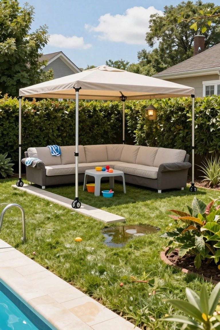 Beige pop-up gazebo on black metal poles with wheels shelters a beige L-shaped outdoor sofa and white table with colorful toys next to an in-ground pool edged in stone, surrounded by hedges and green lawn.