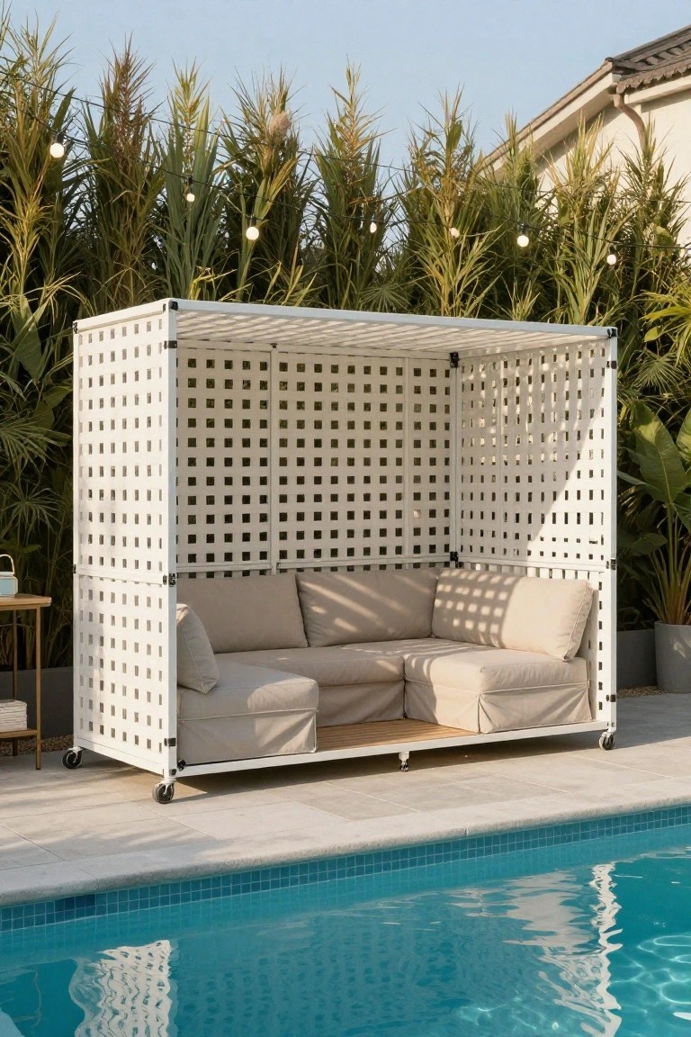 White lattice-frame outdoor cabana with beige cushioned L-shaped seating and wheels, positioned beside a blue-tiled swimming pool on a light stone patio, surrounded by tall ornamental grasses and string lights.