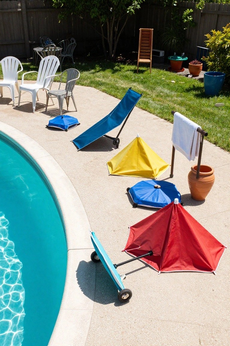 Backyard pool deck with multiple colorful portable umbrellas in red, blue, yellow, and other shades, some on wheeled bases and others folded, near lounge chairs, plants, and a towel rack.