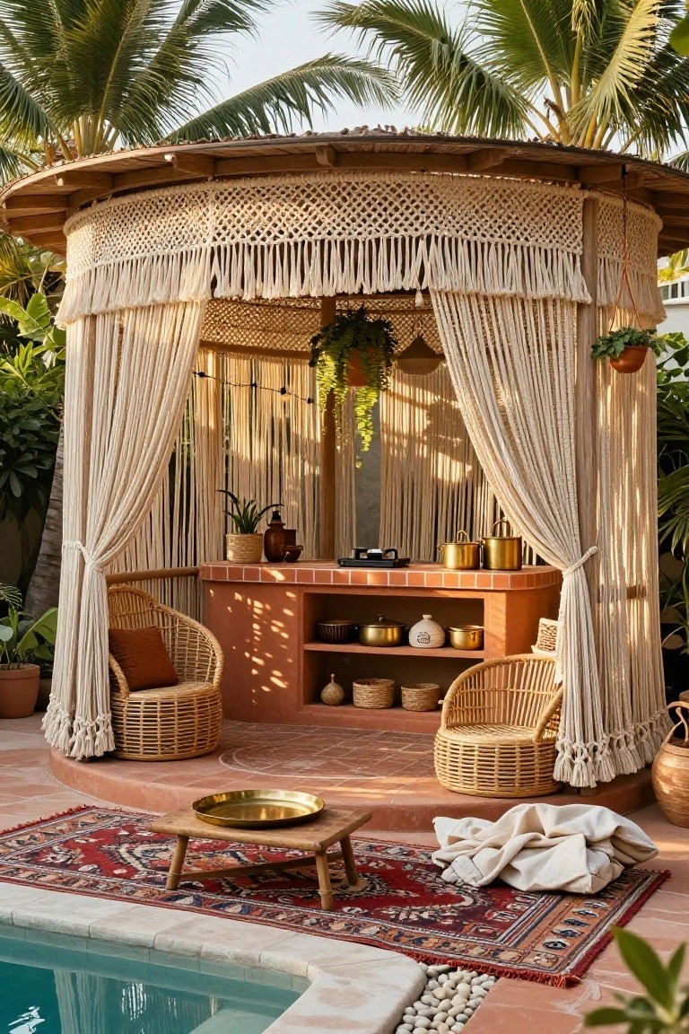 20 Functional Pool Gazebo With Kitchen Ideas Made for Hosting Round wooden gazebo with beige macrame fringe curtains, enclosing a terracotta bar counter with brass pots and plants, rattan chairs, woven rug, and low table beside a turquoise pool edged in pebbles and surrounded by palms.