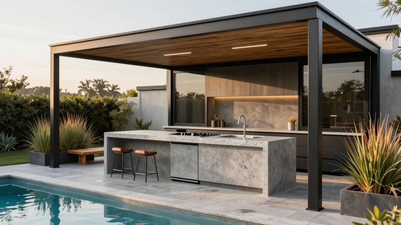 Gray concrete outdoor kitchen bar with sink, induction cooktop, dishwasher, and two brown leather bar stools under a wooden-beamed metal pergola next to a rectangular blue pool, with ornamental grasses and landscaping in the background.