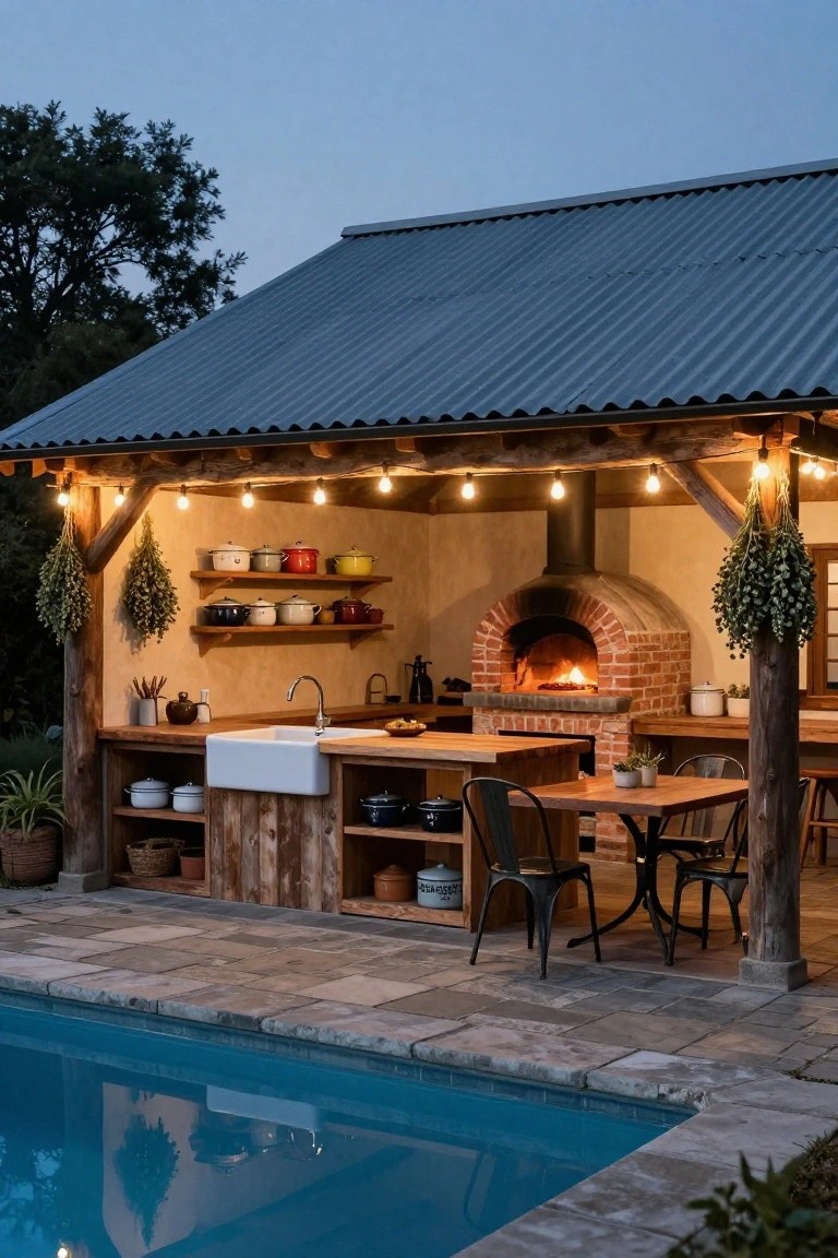 20 Functional Pool Gazebo With Kitchen Ideas Made for Hosting Covered outdoor kitchen gazebo next to a pool with a lit brick pizza oven, wooden counters and cabinets, farmhouse sink, shelves holding colorful pots, metal chairs at a wooden table, string lights, and hanging herbs under a corrugated metal roof.