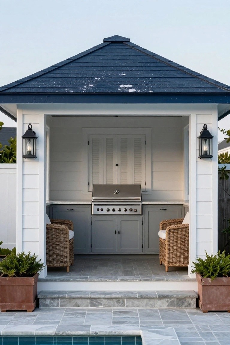 20 Functional Pool Gazebo With Kitchen Ideas Made for Hosting Open white gazebo with dark blue roof and built-in stainless steel grill on gray counters, flanked by rattan chairs and potted plants on steps leading to turquoise poolside patio with gray tiles.