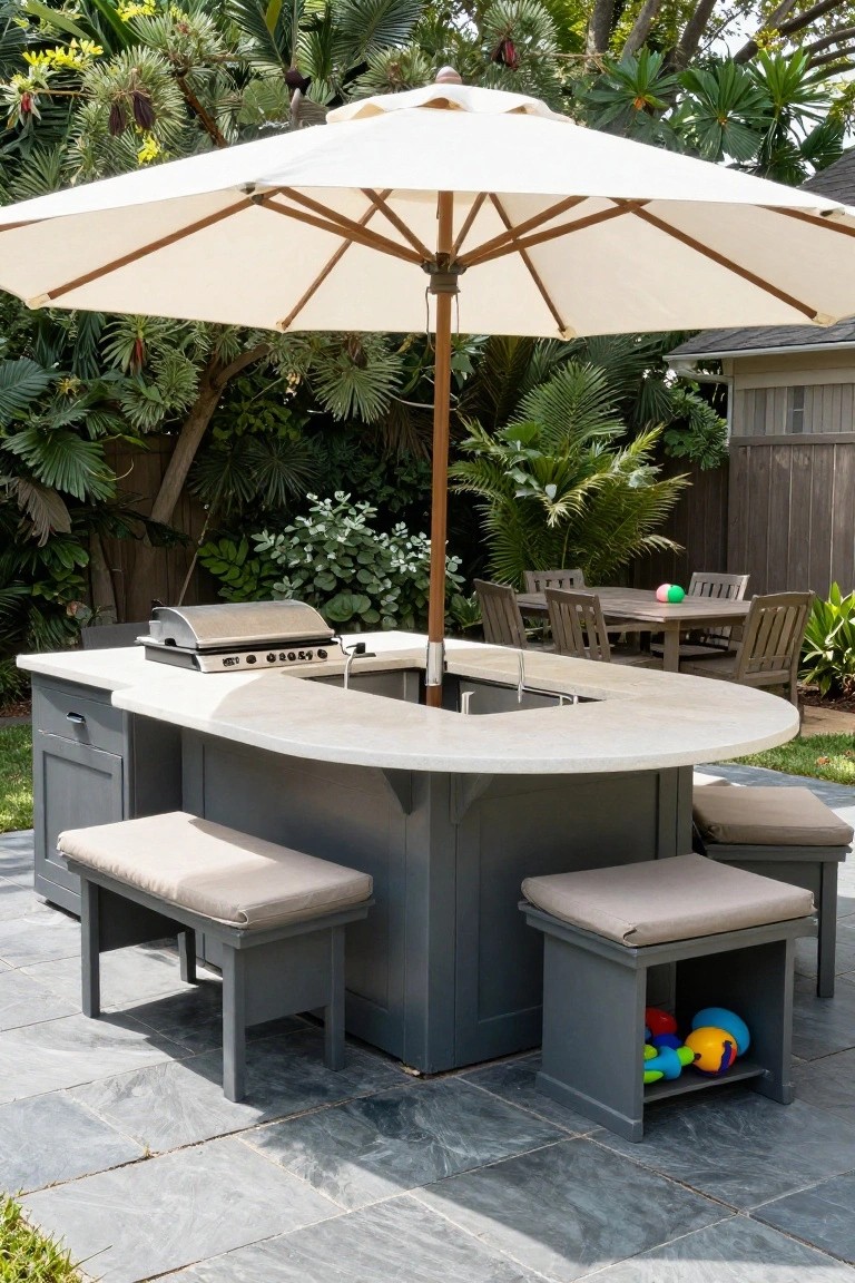 20 Functional Pool Gazebo With Kitchen Ideas Made for Hosting Backyard outdoor kitchen island with built-in stainless steel grill, sink, curved white countertop, gray cabinet base, cushioned bar stools, large white market umbrella, wooden table with chairs, tropical plants, and slate paver patio.