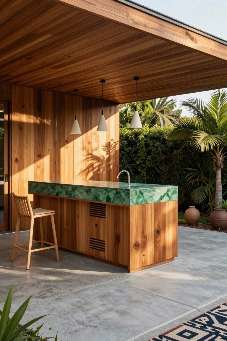 20 Functional Pool Gazebo With Kitchen Ideas Made for Hosting Wooden bar counter with green veined stone top and faucet sink under wooden pergola roof, wooden bar stool nearby, pendant lights hanging, tropical plants and palms in background on concrete patio.