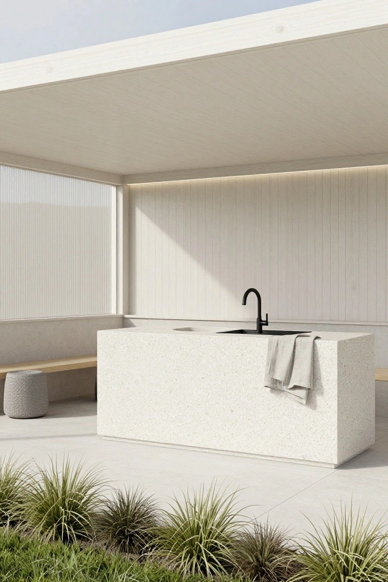 20 Functional Pool Gazebo With Kitchen Ideas Made for Hosting Outdoor kitchen under white slatted pergola cover with white speckled stone countertop island, black gooseneck faucet and sink, draped gray towel, wooden bench seat, woven stool, and grasses on tiled patio.