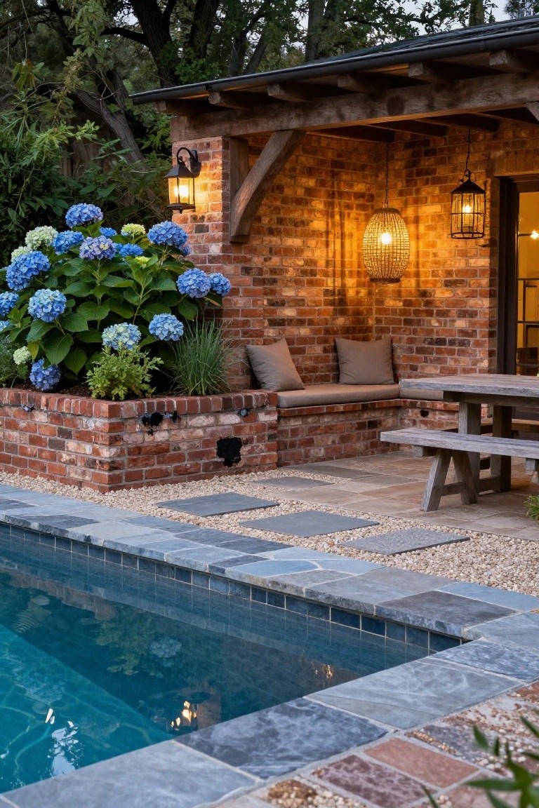 Brick retaining wall beside a pool with built-in cushioned bench, wooden table and bench, blue hydrangea planter, hanging lanterns, and slate tile pool coping on a gravel and stone patio.