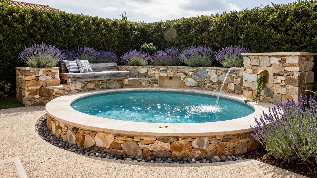 Small oval turquoise pool against a beige stone retaining wall with a brass fountain spouting water into the pool, wooden bench with striped cushion on the wall edge, lavender plants along the top, pebble ground cover, and greenery surroundings.