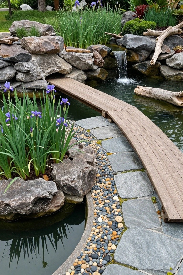 A backyard pond with large natural stone retaining walls, a small waterfall, purple iris plants, a curved wooden bridge over the water, and a surrounding path of slate tiles and pebbles.