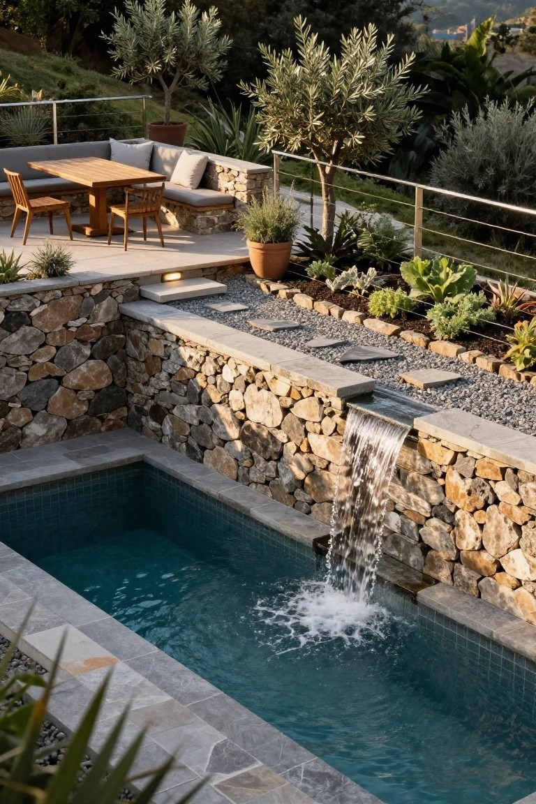 Overhead view of a small rectangular pool with turquoise tiles and a waterfall pouring from a gray stone retaining wall, surrounded by gravel paths, potted plants, and succulents, with a wooden dining table and chairs on a concrete terrace above.