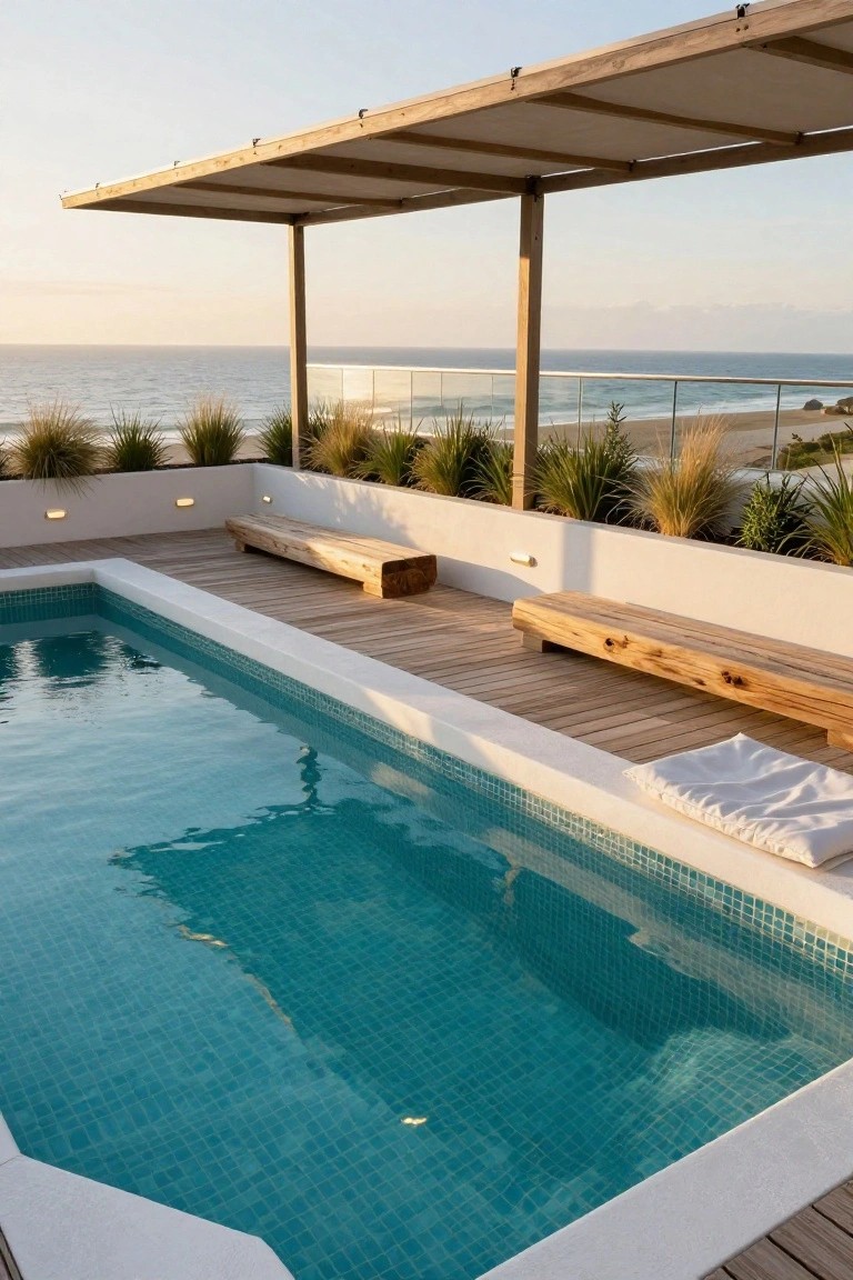 Rooftop pool with turquoise mosaic tiles surrounded by white retaining walls planted with tall grasses, wooden decking, rough-hewn benches, and a pergola overlooking the ocean.