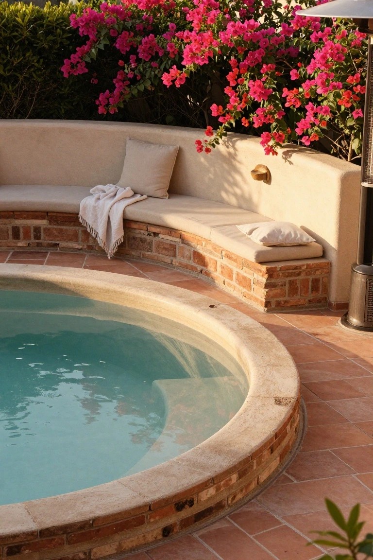 Curved beige stucco and brick retaining wall around a turquoise pool includes built-in bench seating with beige cushions and white towels, pink bougainvillea bushes nearby, and terracotta tile flooring.