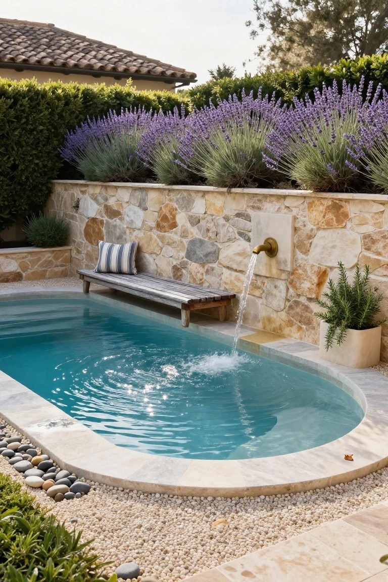 Small oval turquoise pool against a beige stone retaining wall with a brass fountain spouting water into the pool, wooden bench with striped cushion on the wall edge, lavender plants along the top, pebble ground cover, and greenery surroundings.
