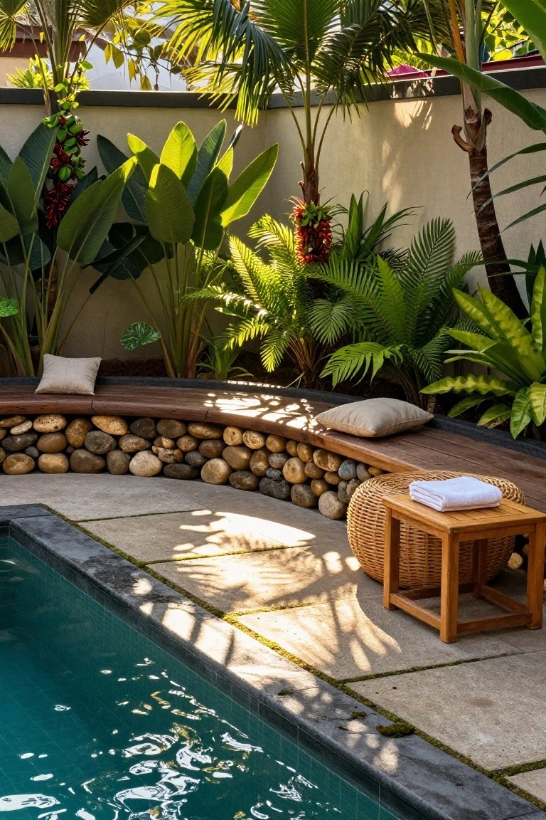Curved wooden bench integrated into a low retaining wall of rounded stones beside a turquoise-tiled pool, surrounded by tropical plants including palms and ferns, with a small wooden side table holding a folded white towel.