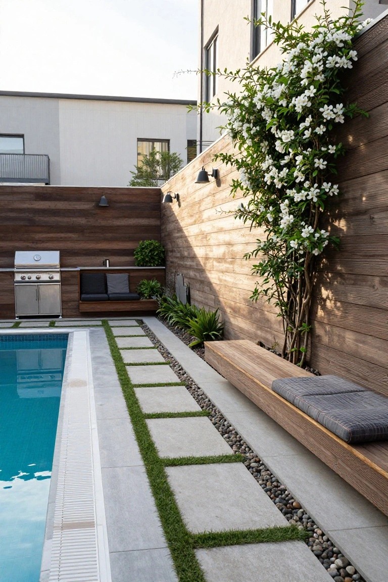 A narrow pool with turquoise water bordered by a light gray deck, a concrete paver path with grass strips and pebbles leading alongside a tall horizontal cedar wood retaining wall supporting a built-in stainless steel BBQ grill, bench seating, and a wooden bench nearby, with white flowering vines climbing the wall and plants at the base.