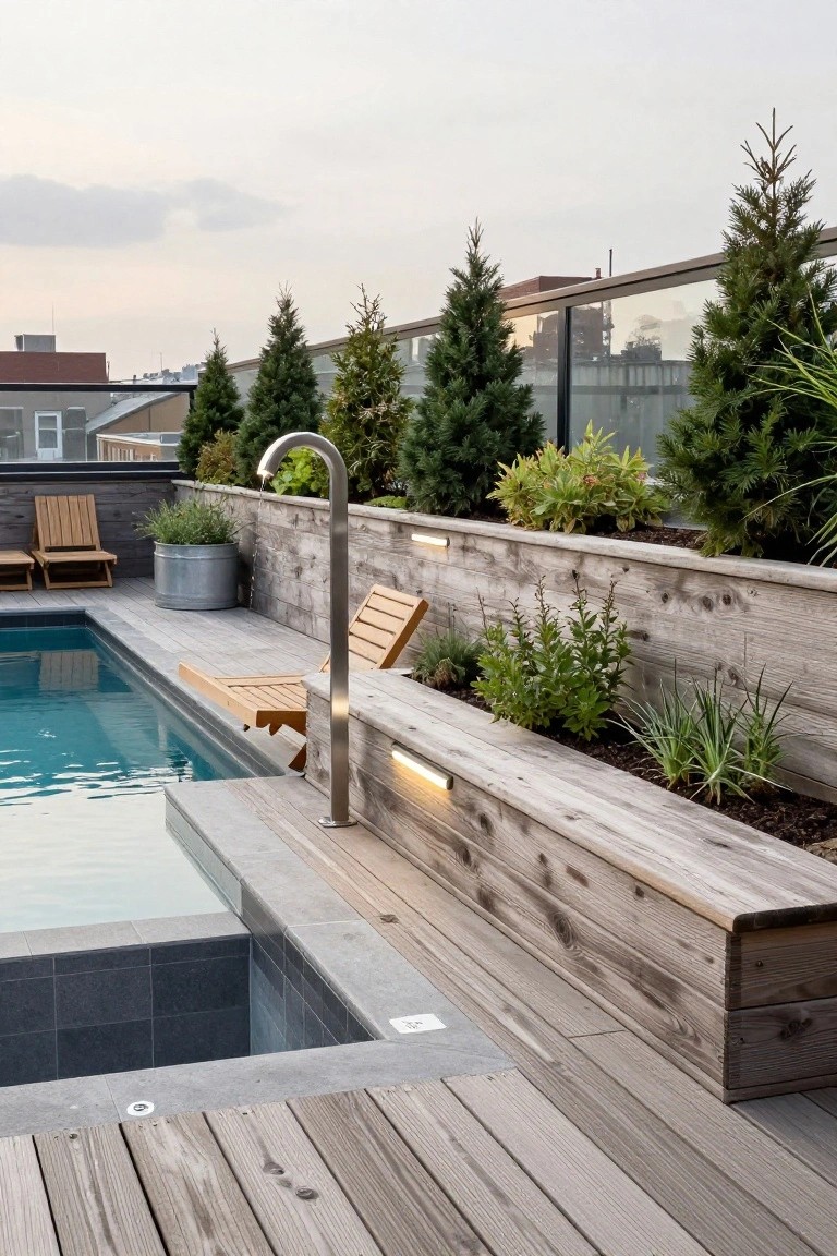 Rooftop pool with turquoise water edged by gray tiles, surrounded by weathered wooden retaining walls planted with greenery, wooden lounge chairs nearby, stainless steel shower arm, and potted plants against a city skyline backdrop.