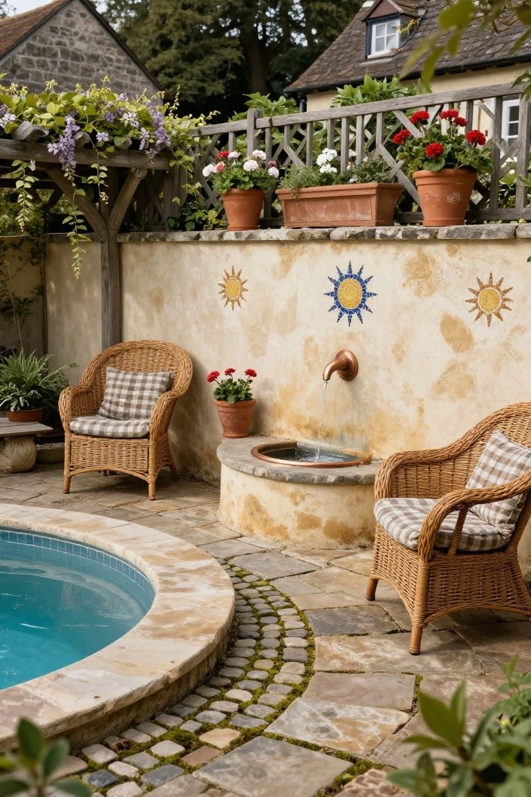 Small turquoise circular pool with stone edging and mosaic sun tiles on a curved beige stucco retaining wall featuring a copper wall-mounted fountain, two wicker armchairs with checkered cushions, potted plants, and stone pavers in an outdoor garden setting.