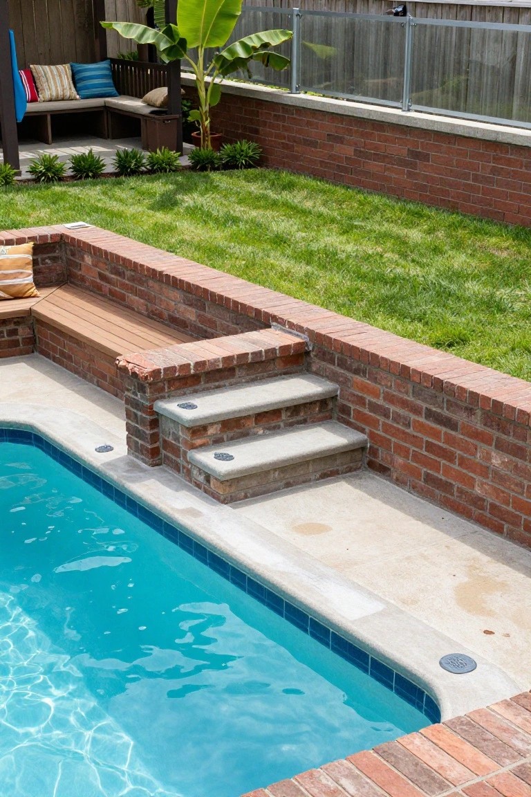 Backyard swimming pool edged with beige tile decking and a brick retaining wall featuring two concrete steps, wooden bench seating on the wall, green lawn, and banana plants nearby.