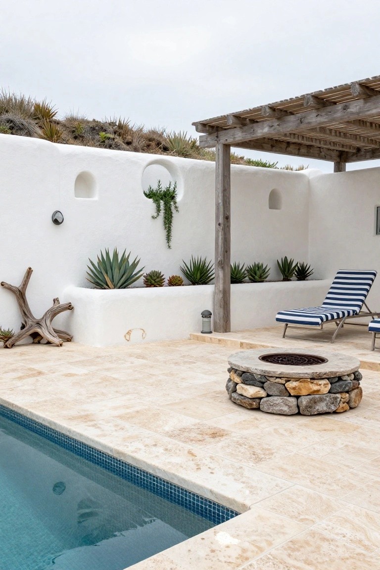 White stucco retaining wall with circular niches and built-in planters holding agaves and succulents, adjacent to a travertine pool deck with a circular stone fire pit, blue striped lounge chair, wooden pergola, and driftwood nearby.
