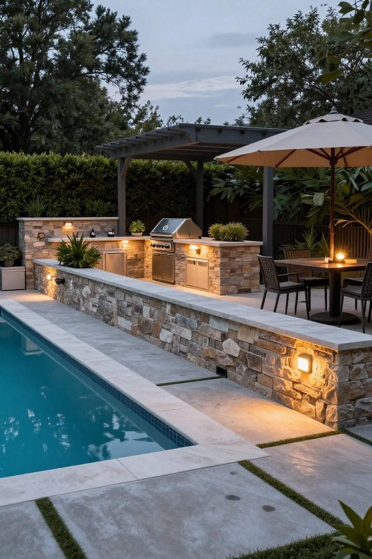 Rectangular swimming pool edged by a low stacked natural stone retaining wall topped with an outdoor kitchen featuring grill, cabinets, and lighting, plus a nearby dining table under a pergola amid greenery at dusk.