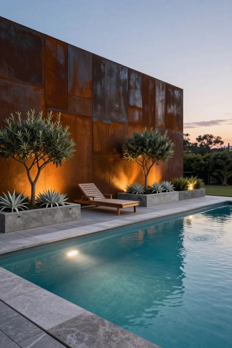 Dusk view of turquoise pool with rusted metal paneled wall backdrop, uplighted olive trees and agave plants in concrete edge planters, wooden lounger on light gray tiled deck.