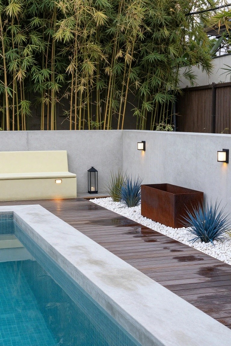 Wooden deck beside a blue-tiled pool with gray concrete retaining wall featuring recessed lights, a yellow bench, black metal lantern, rusted rectangular steel planter box with agave plants surrounded by white pebbles, and bamboo screen backdrop.