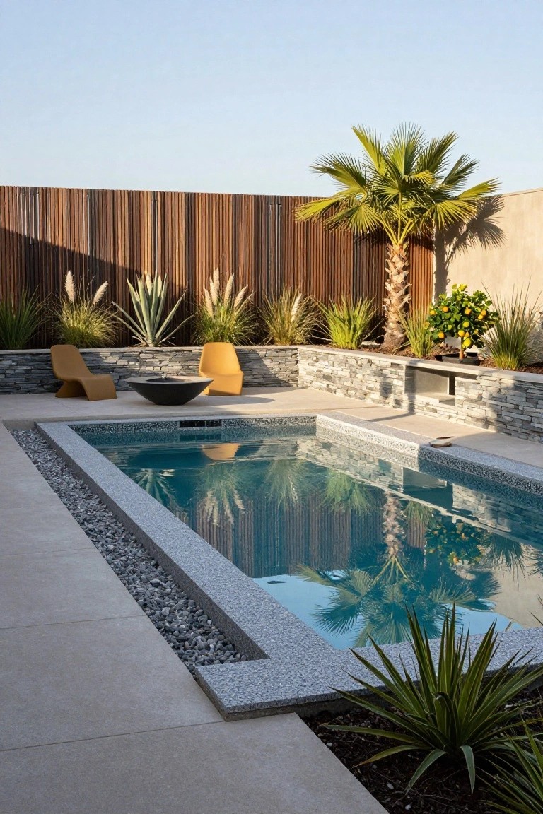 A rectangular pool with turquoise water bordered by a light gray stacked stone retaining wall, surrounded by gravel, potted plants, orange lounge chairs, a black fire bowl, and a wooden slat fence with palm trees.