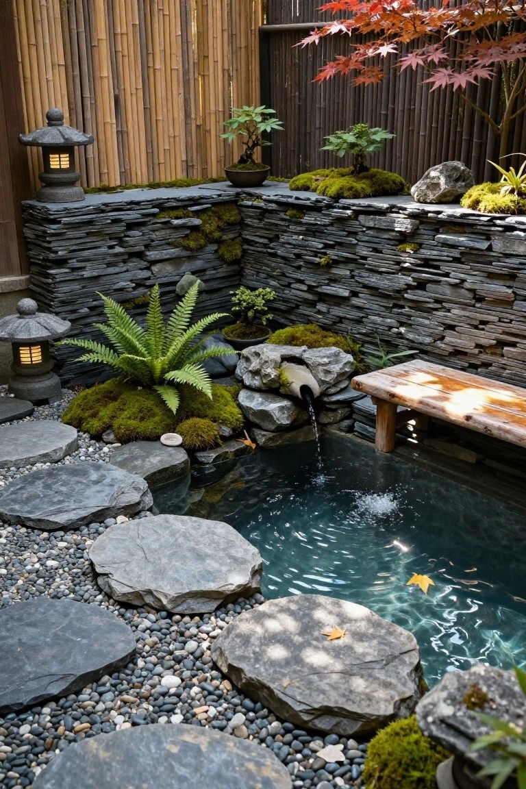 Small circular pond with koi fish and waterfall, surrounded by slate stone retaining walls covered in moss, stepping stones, ferns, bonsai plants, stone lanterns, bamboo fence, and wooden bench in a Japanese garden.