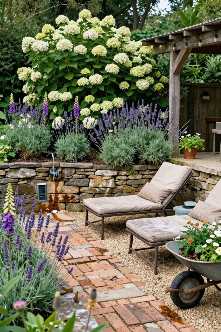 Stone retaining wall with lavender, foxgloves, and hydrangeas, brick path, beige loungers, outdoor faucet, and wheelbarrow in a garden patio area.