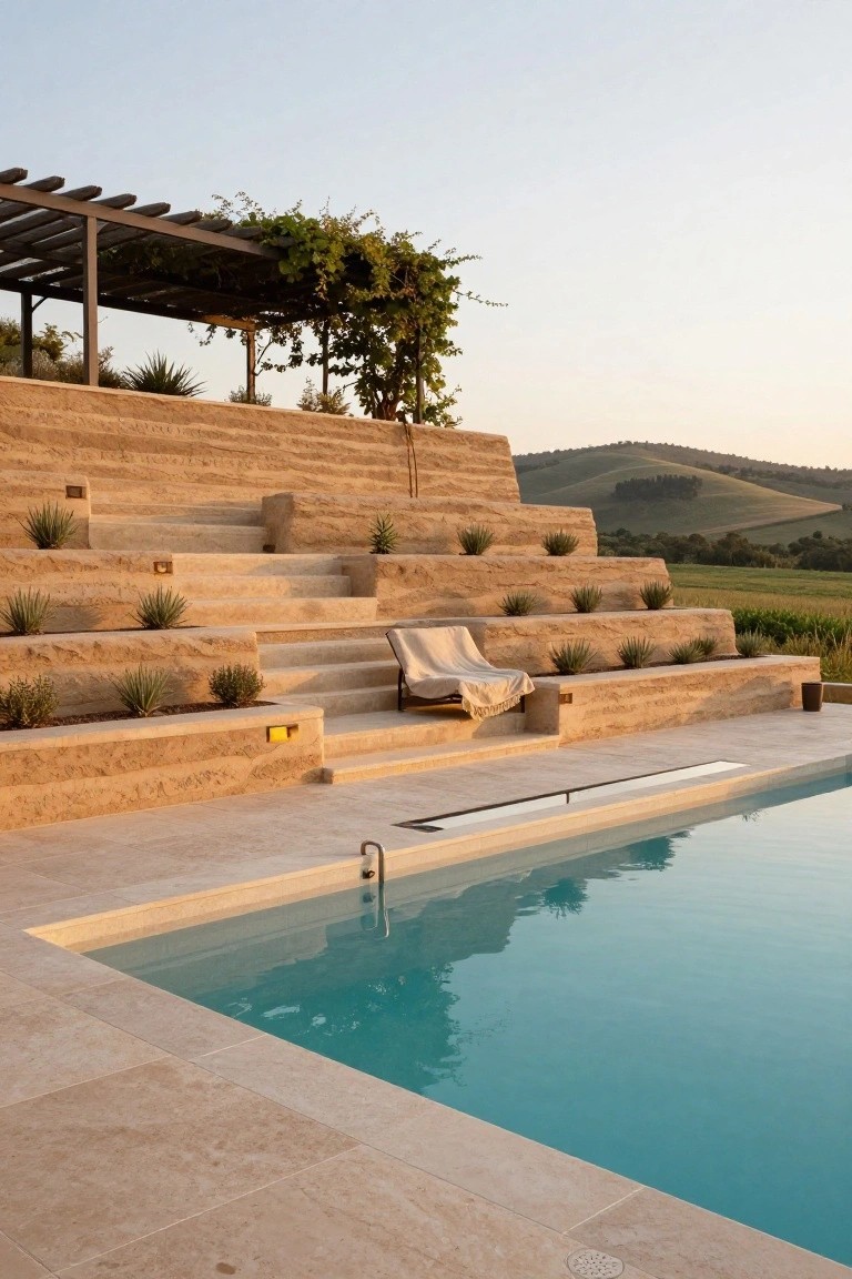 Terraced sandstone retaining walls with agave plants and steps descending to a rectangular pool, wooden pergola with vines overhead, lounge chair on a step, and distant green hills at dusk.