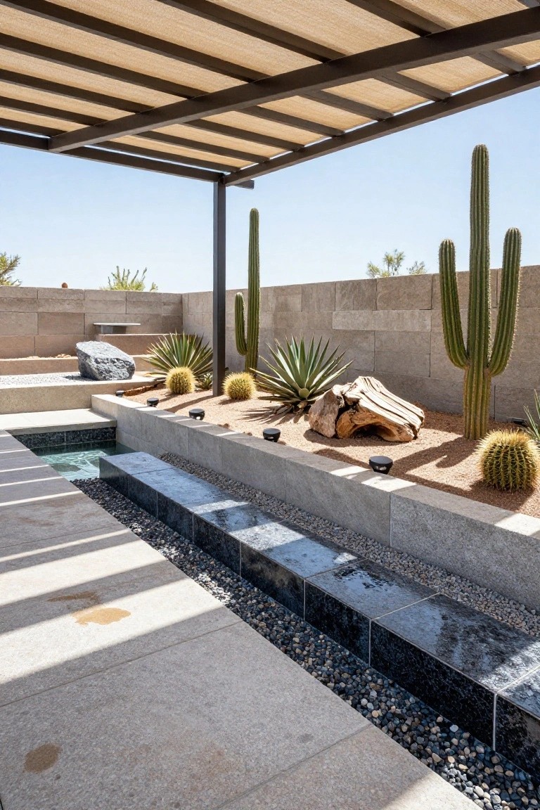 Tiered stone retaining walls enclose a small rectangular pool with black pebble edges, surrounded by sand mulch, desert cacti, agave plants, large rocks, and low-voltage lights under a beige fabric pergola.