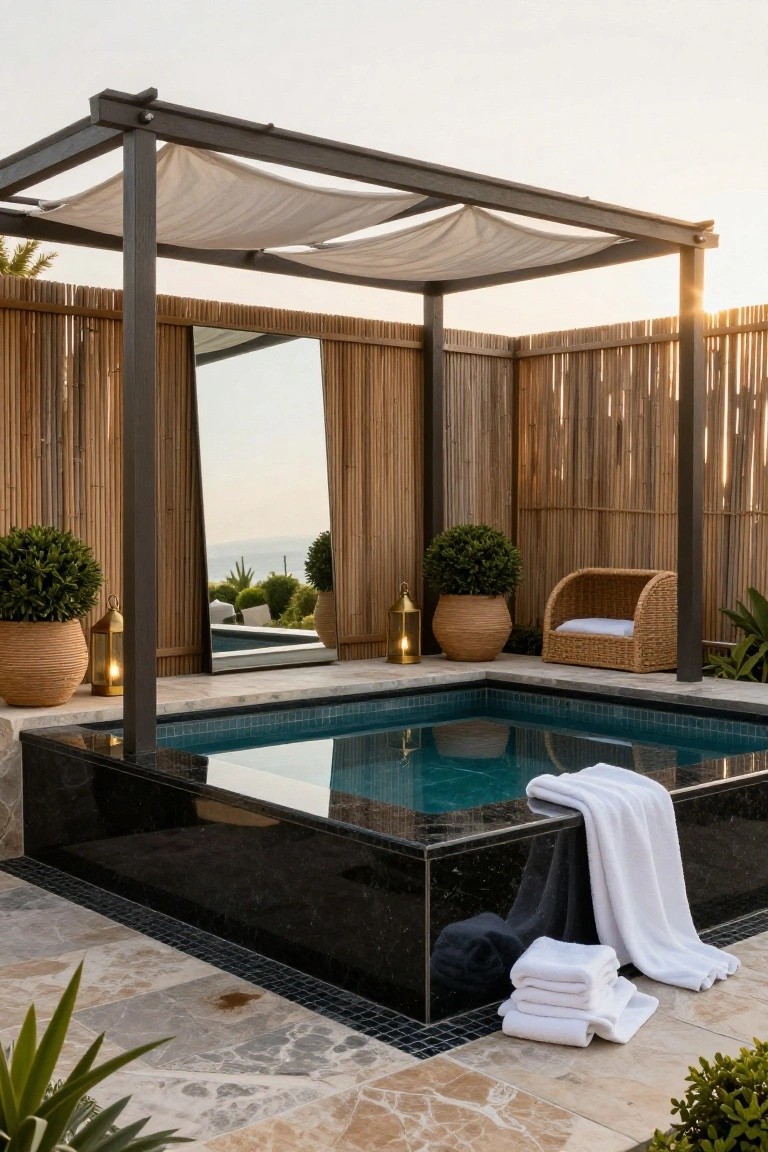 A small turquoise-tiled hot tub with black stone edging, enclosed by bamboo privacy screens and a fabric-covered pergola, with potted plants, brass lanterns, folded towels, and a rattan lounge chair nearby.
